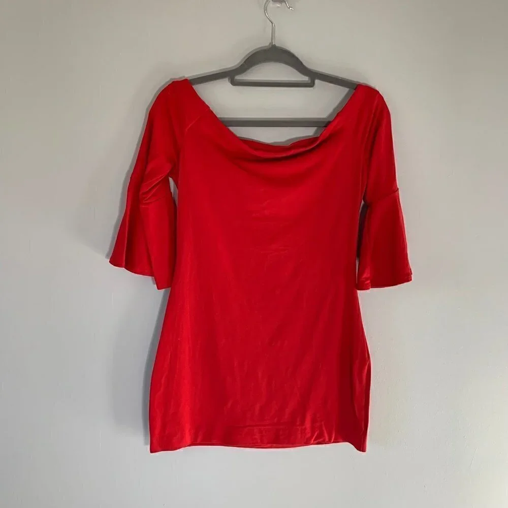 Susana Monaco Tunic Top Womens Red Off Shoulder Bell Sleeve - Picture 6 of 8